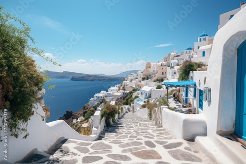 Santorini  greece. captivating view of white architecture set against the deep blue sky