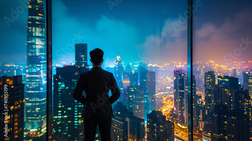 Man in suit stands inside looking out at a vibrant city at night illuminated by countless lights from streets and skyscrapers under a dark blue sky