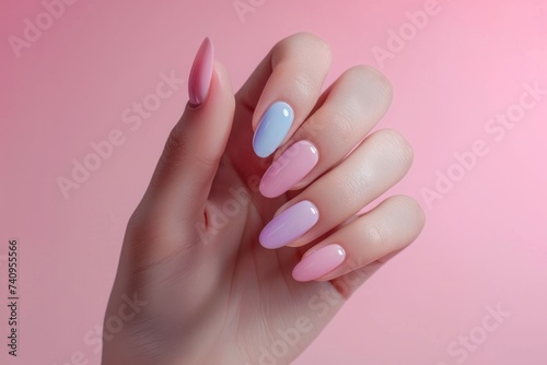 Delicate female hands with nails painted in soft pastel hues set against a pa...