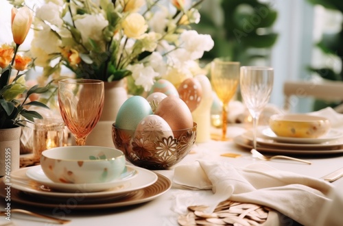 easter table setting with green leaves easter