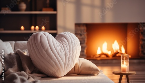 heart shape on fireplace and white pillows, soft edges and atmospheric effects