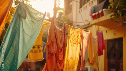 Colorful clothes sway on a line, drying in the warm sunlight, adding a cheerf...