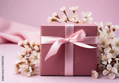 gift box containing gift and flowers on a pink background