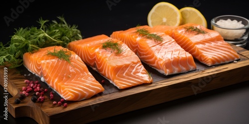 four salmon fillets are shown on the tray alongside rosemary and garlic