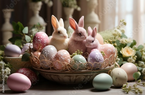 easter eggs and bunnies on a beige background