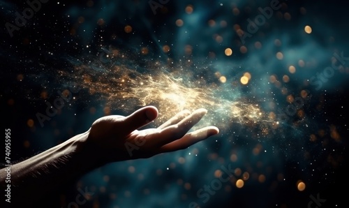 hand reaching into space on dark background