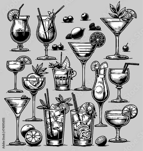 Alcohol cocktail glasses engraving style isolated set