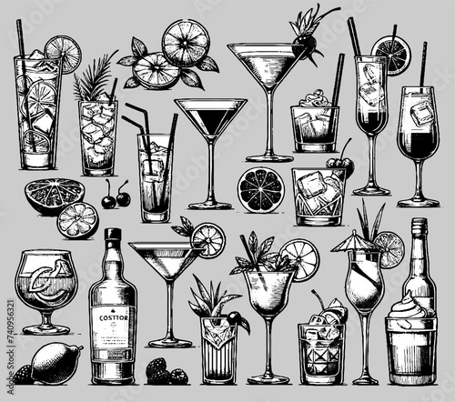 Alcohol cocktail in glasses, bottle with drinks and fruits decoration set