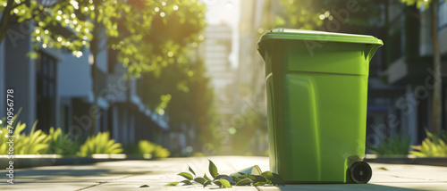 Urban green bin on a city sidewalk, embodying eco-conscious waste management and sustainability