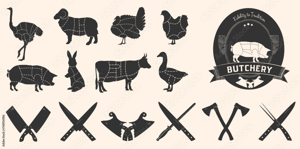 Set of restaurant knives icons. Silhouette - Cleaver and Chef Knives. Logo template for meat business - farmer shop, market or design - label, banner, sticker. Vector Illustration