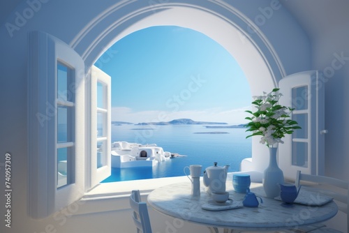 Luxurious hotel room in santorini with elegant interior decor and stunning sea view from the window © katrin888