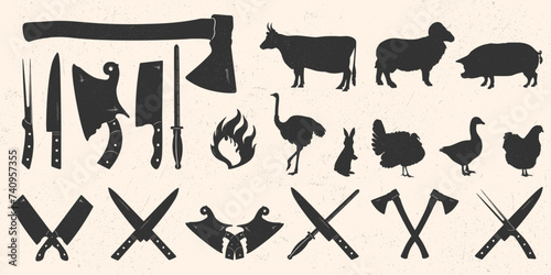 Set of knives and cleavers with silhouettes of farm animals and birds. Elements for logo in vintage style. Suitable for butcher store, restaurant. Vector EPS 10 photo