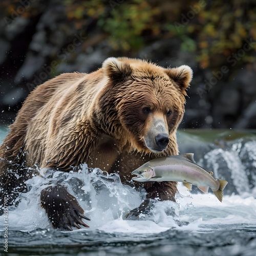 Brown Bear in Mid-Air Fish Catch