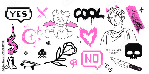 Set of grunge doodles and retro badges with greek god collage. Graffiti or tattoo handdrawn marker, wax crayon or brush paint sticker or emblem. Punk rock collection with emo, goth and pixel elements.
