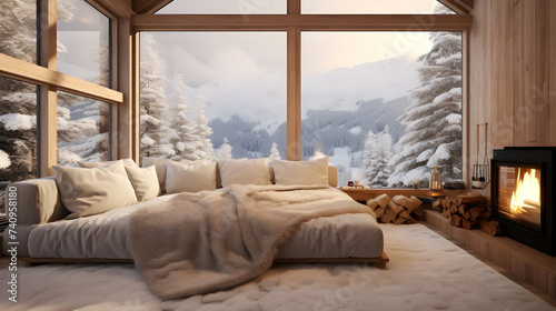 A charming living room featuring a white bed in an eco-conscious cabin tucked away in the snowy mountains  with soft blankets and fluffy pillows providing a cozy spot for enjoying the winter scenery.