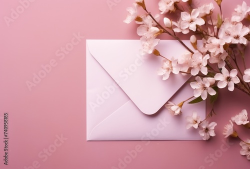 pink envelope with romantic flowers on pink background