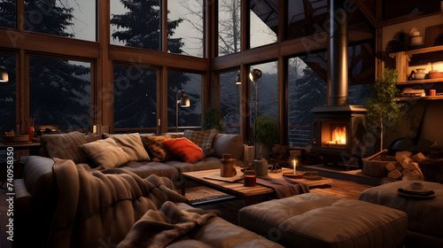  A cozy living room in an eco-conscious cabin tucked away in the snowy forest, with a crackling fire in the hearth. 