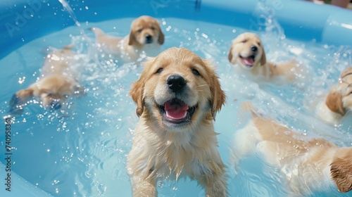 Puppies gleefully swim in an inflatable pool