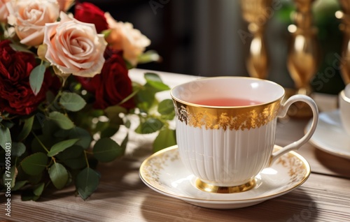mug of hot tea beside table with flowers on wooden background