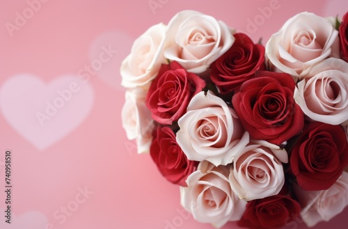 red and white heart gift with roses on a pink background