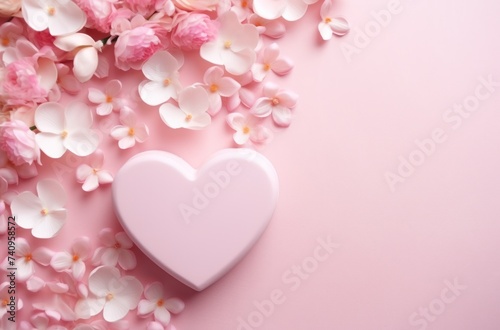 pink heart shaped gift box and tulips on a pink background