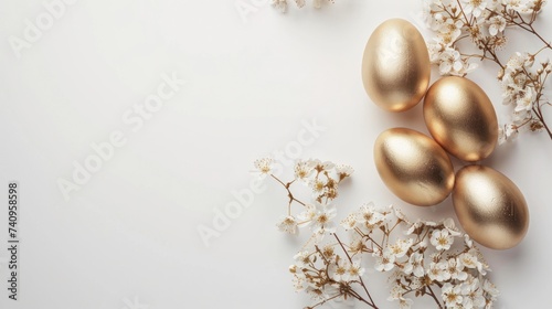 minimalist easter holiday background with golden eggs and white background