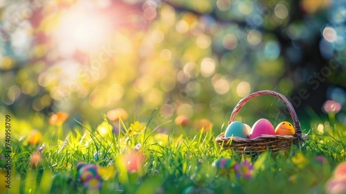 On vibrant grass under the sun, a basket of colorful Easter eggs awaits