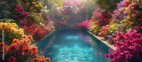 A water feature surrounded by magenta flowers and lush trees in a natural landscape garden