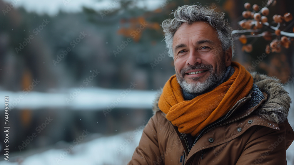 Man in his 50s who exudes happiness and a sense of feeling truly alive in a beautiful natural park near a lake, genuine smile on his face, Ai generated image Man in his 50s who exudes happiness and a sense of feeling truly alive in a beautiful natural park near a lake, genuine smile on his face, Ai generated image