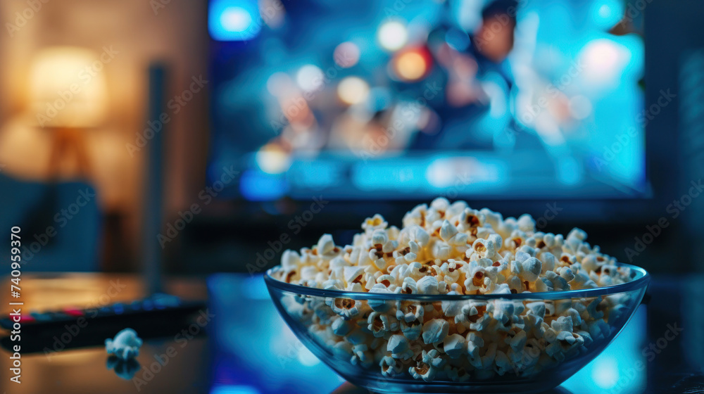Popcorn background, popcorn in glass bowl on a table in living room blur background Popcorn background, popcorn in glass bowl on a table in living room blur background