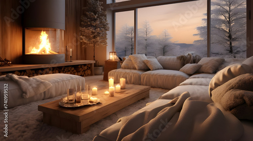 A cozy living room in an eco retreat amidst snowy fields, with natural materials and soft lighting creating a tranquil space for relaxation and reflection during the winter months. 