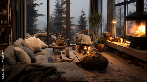  A charming living room with fireplace in an eco-conscious home surrounded by winter landscapes.