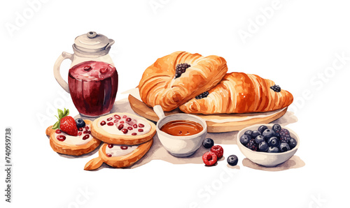 Watercolor pastries clipart croissant bagel bread cupcake pie cafe tea berries vector