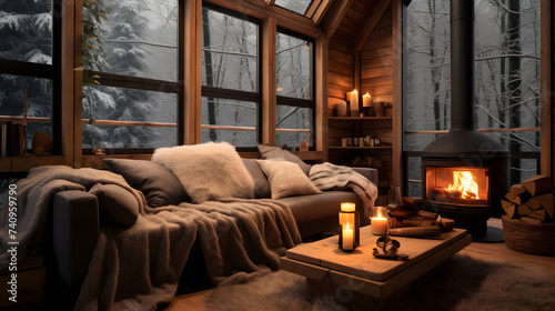 A charming living room in a cozy eco cabin nestled in a snowy forest.