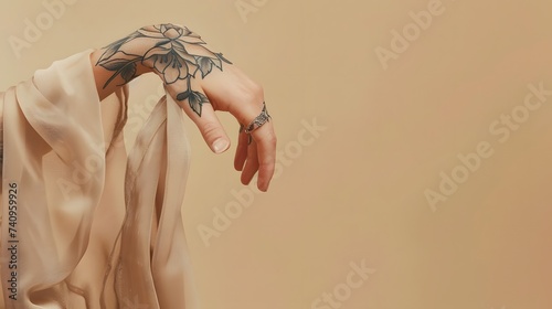 The trend of tattoos on a girl s hand reflects the spirit of freedom, rebellion and uniqueness. Banner of a delicate tattoo on a beige background. photo