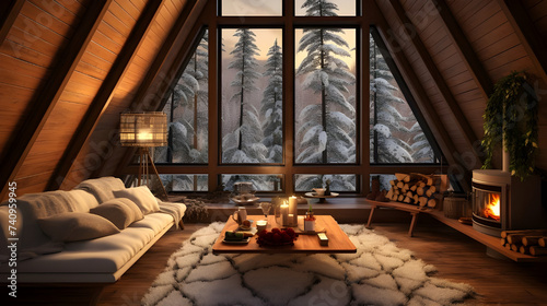 A charming living room in a cozy eco cabin nestled in a snowy forest, with soft blankets and fuzzy rugs adding warmth and comfort to the natural wood interior, perfect for winter relaxation.