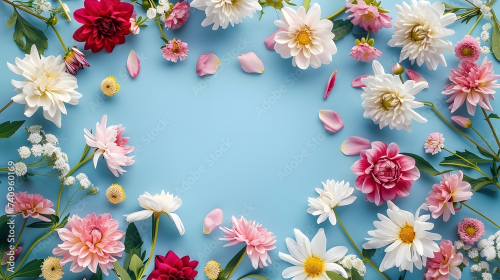 Wedding flower frame on blue background from above. Beautiful floral pattern. Flat lay style.
