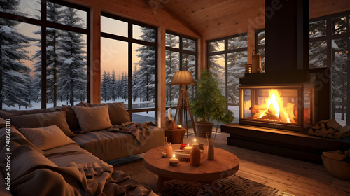 A beautiful cozy living room in an eco house nestled amidst snowy pine trees, with a crackling fireplace casting a warm glow on the rustic furnishings, creating a serene winter retreat. © Abbas Samar shad