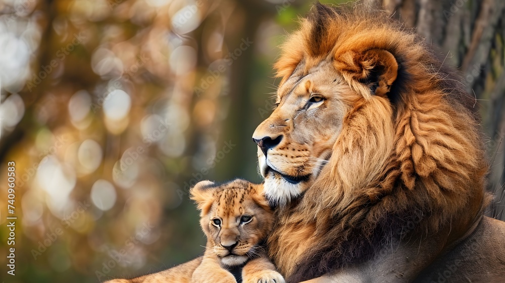 This proud male aftican lion is cuddled by his cub during an affectionate moment.