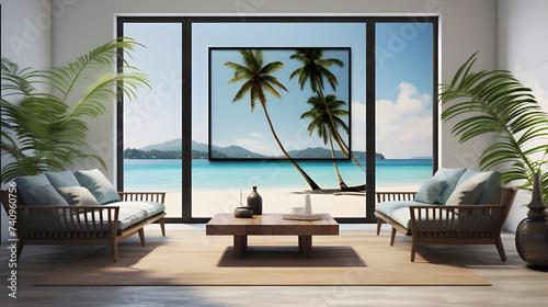  A sleek black frame showcasing a serene beach scene with gentle waves and palm trees, adding a touch of tranquility to the modern living room.  © Abbas Samar shad