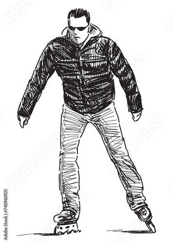 Sketch of casual young townsman in sunglasses roller skating, black and white vector hand drawing isolated on white