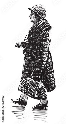 Sketch of senior woman in hat with handbag walking outdoors alone, black and white hand drawing isolated on white