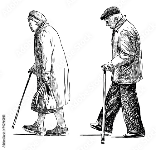 Sketch of couple old spouses with canes walking outdoors together, vector hand drawing isolated on white