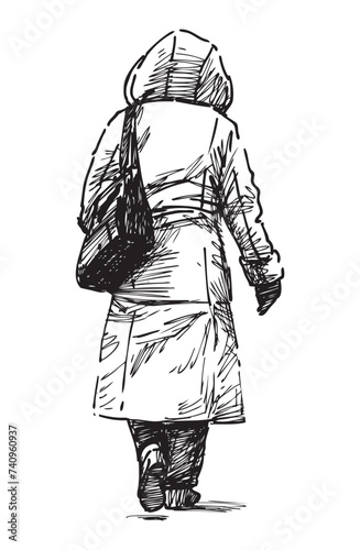 Sketch of one casual city woman in coat with hood and handbag walking outdoors, vector hand drawing isolated on white