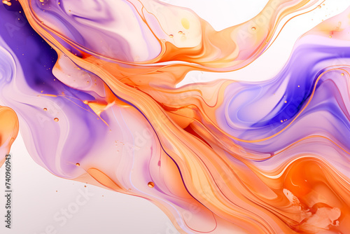 Vibrant and abstract background featuring fluid art. Trendy neon gradient in orange with a marble effect in purple and orange. A stylish backdrop for websites, postcards, and notebooks.