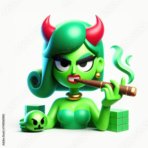 Green Devil Girl with Red Horns Smoking Cigar. 3D minimalist cute illustration on a light background.