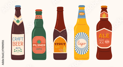 Set of glass Beer Bottles. Different bottled beer types with colored labels. Stylized hand drawn elements for menu restaurant or bar and pub.