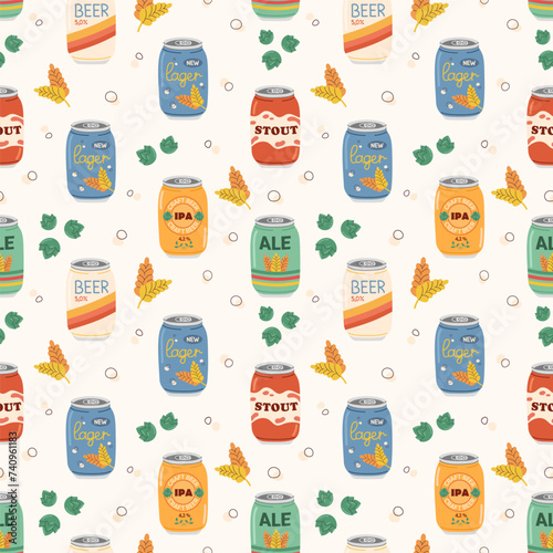 Seamless pattern with various beer types in aluminum cans. Hand drawn colorful beer in aluminum cans. Hops and malt pattern.