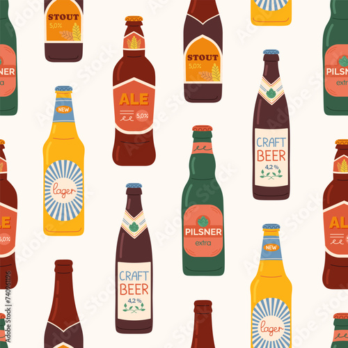 Seamless pattern beer bottles with label. Different bottled beer types.  Stylized hand drawn pattern for menu restaurant or bar and pub.