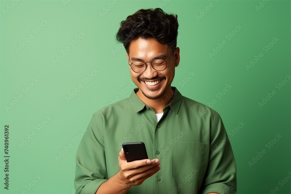 Happy Latin American man with phone on Forest Green studio background Happy Latin American man with phone on Forest Green studio background